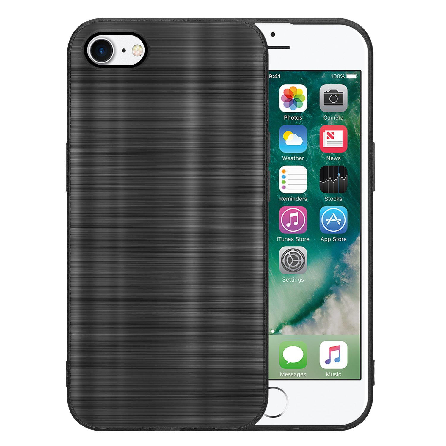 Schwarze Handyhülle auf einem weißen iPhone. Das Telefon hat eine schwarze Hülle mit Pinselstrichstruktur auf der Rückseite.