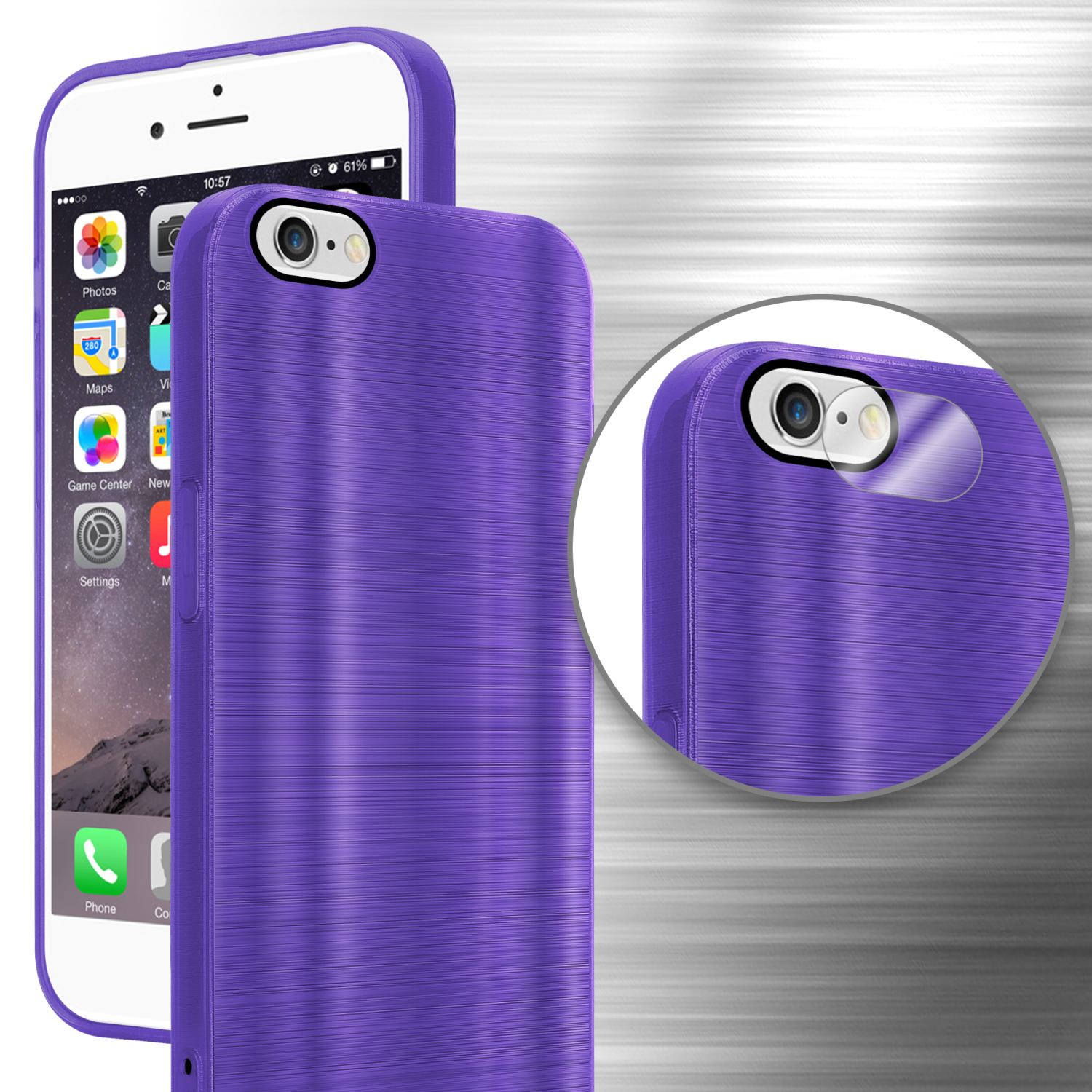 Ein weißes iPhone in einer lila Handyhülle. Die Hülle hat ein strukturiertes Design. Eine Nahaufnahme zeigt die Hülle.