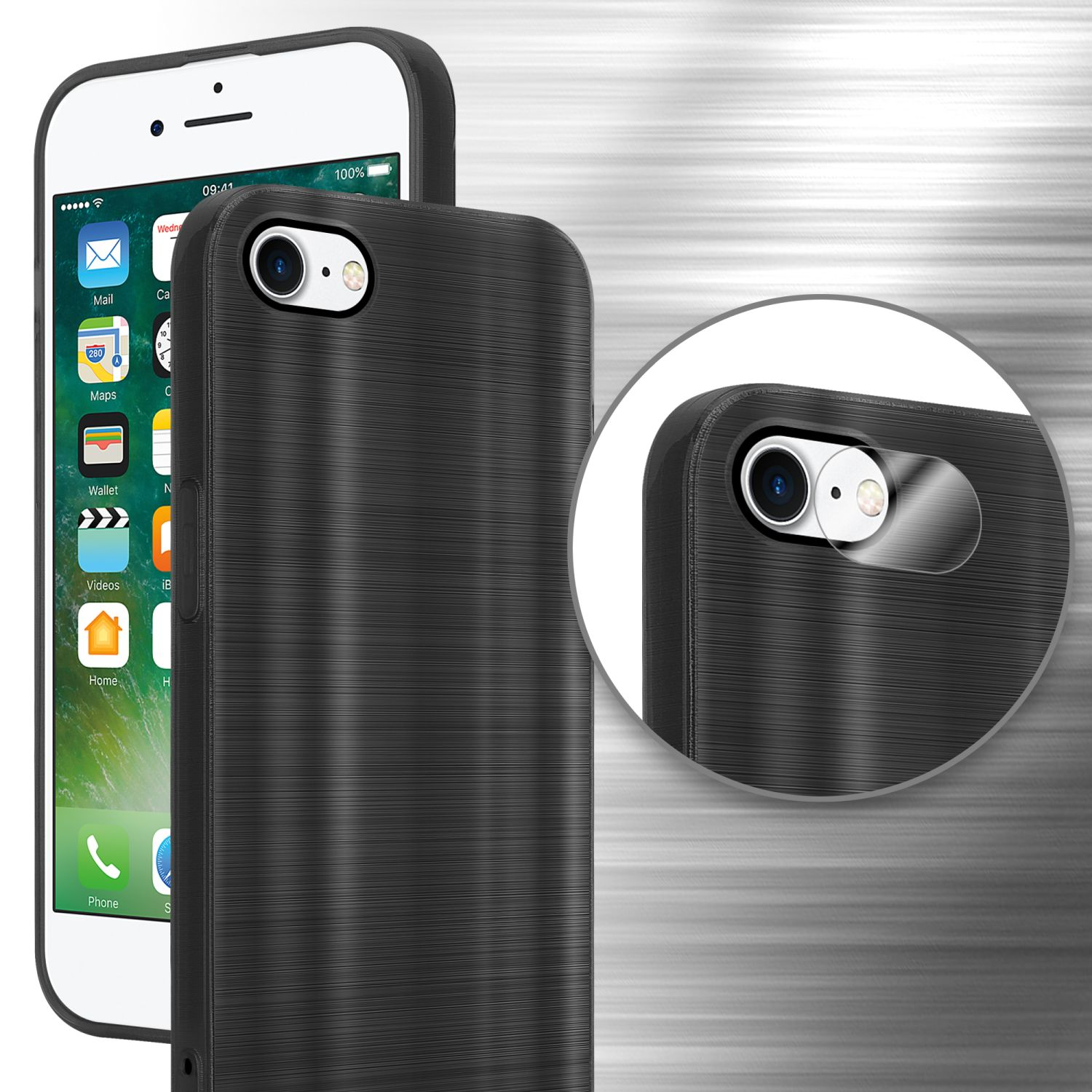 Schwarze Handyhülle auf einem weißen Telefon. Nahaufnahme der Kameralinse mit Metallic-Finish.