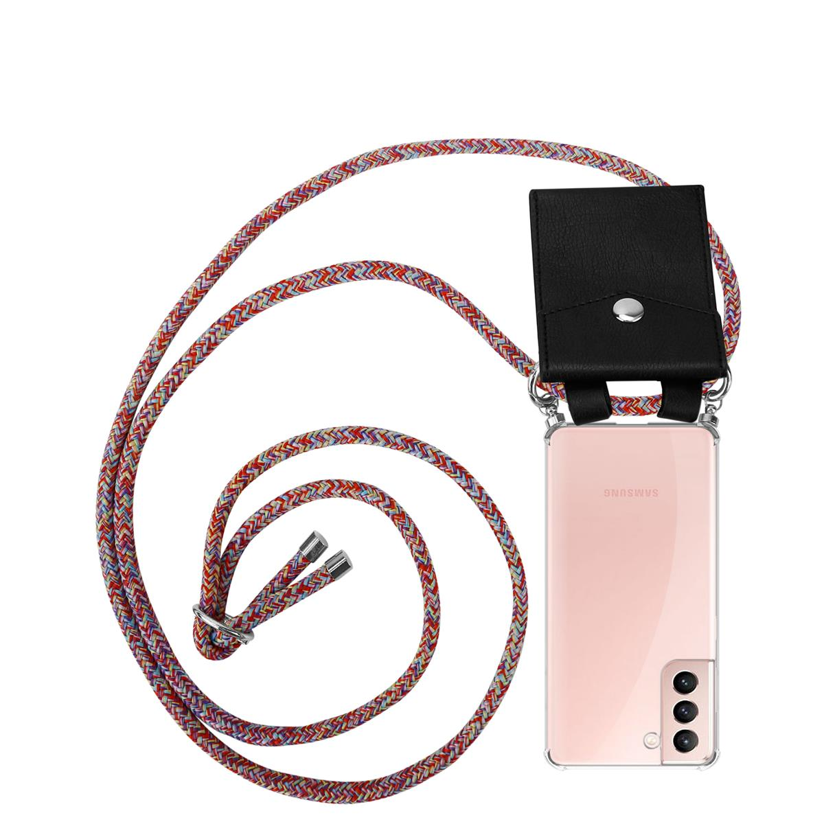 Telefon mit rosa Rückseite und Umhängeband. Weißer Hintergrund.