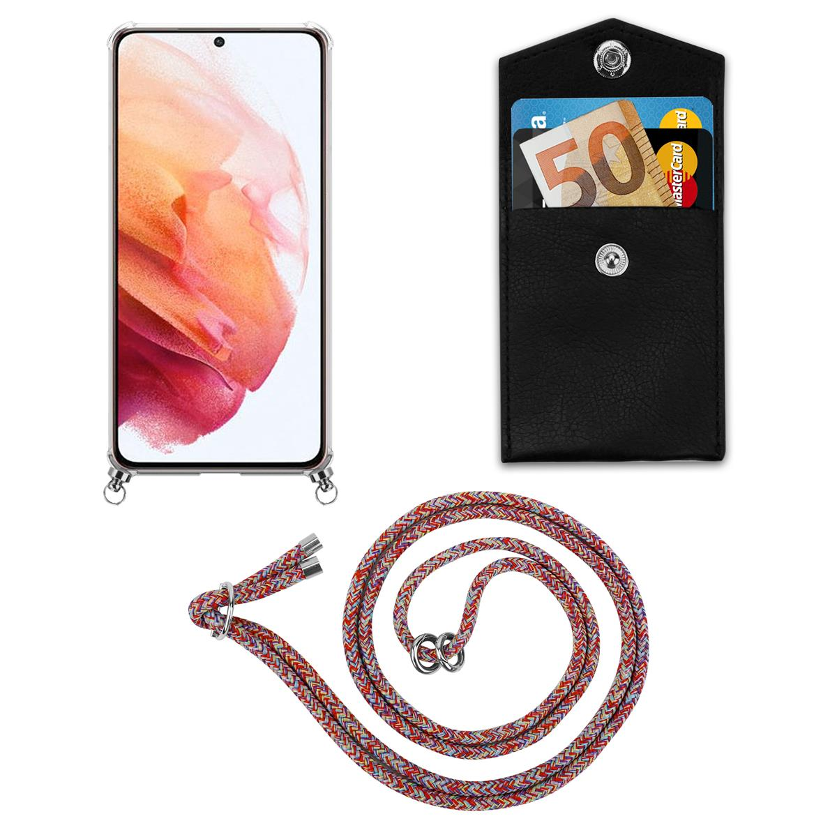 Smartphone mit transparenter Hülle und Handschlaufe, schwarzes Portemonnaie mit Karten und buntem Seil.