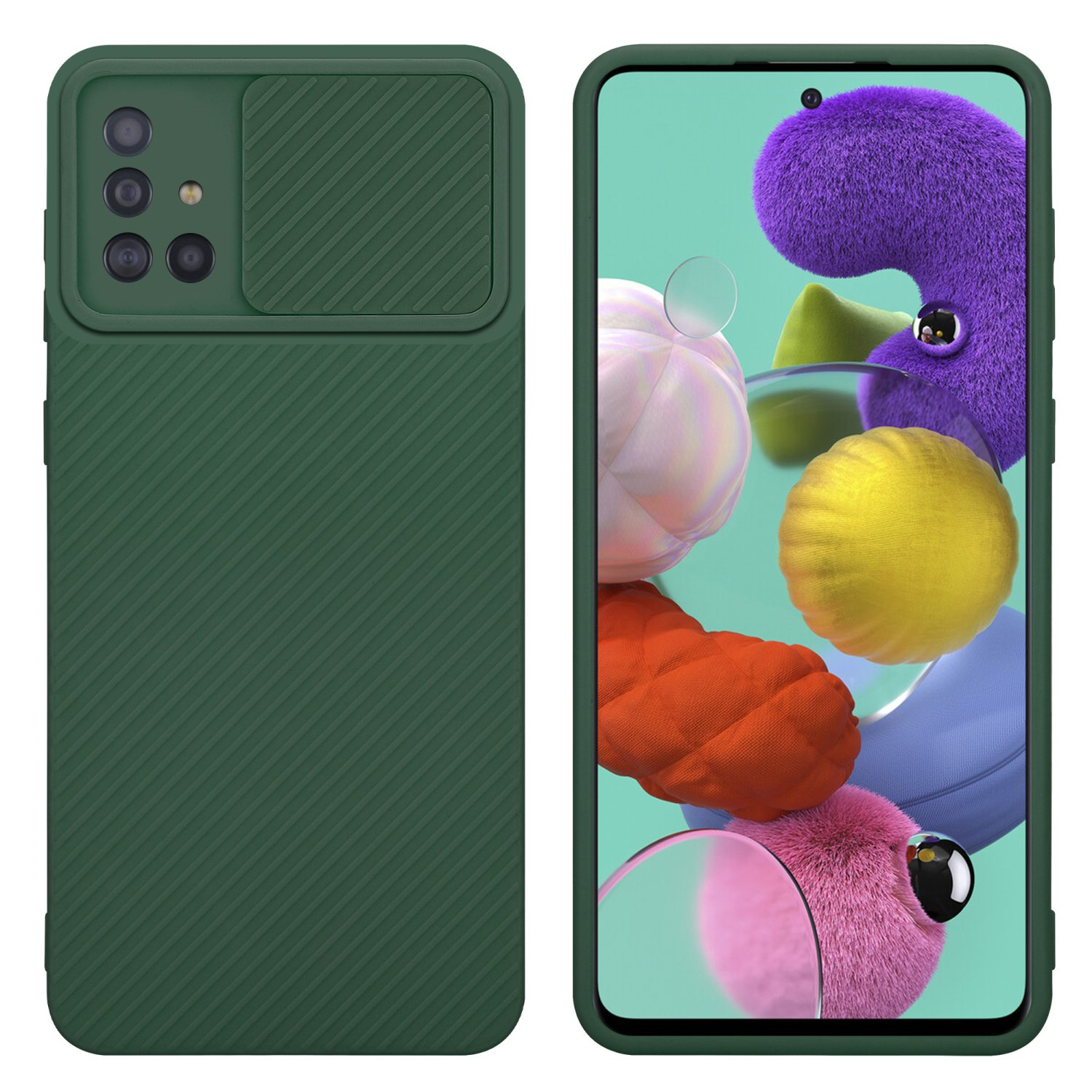 Grüne Handyhülle mit Kameraabdeckung. Telefon ist in der Hülle und Bildschirm an.