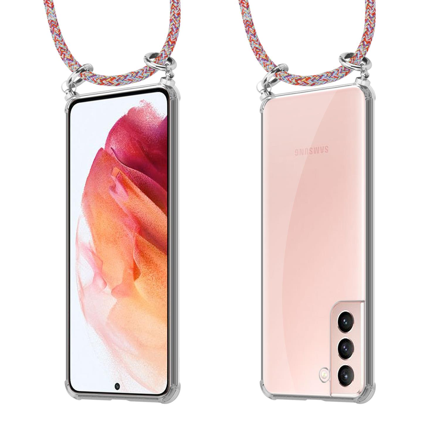 Handy mit pinkfarbenem Case und roter Seilband-Case. Das Handy ist transparent mit Samsung Logo.