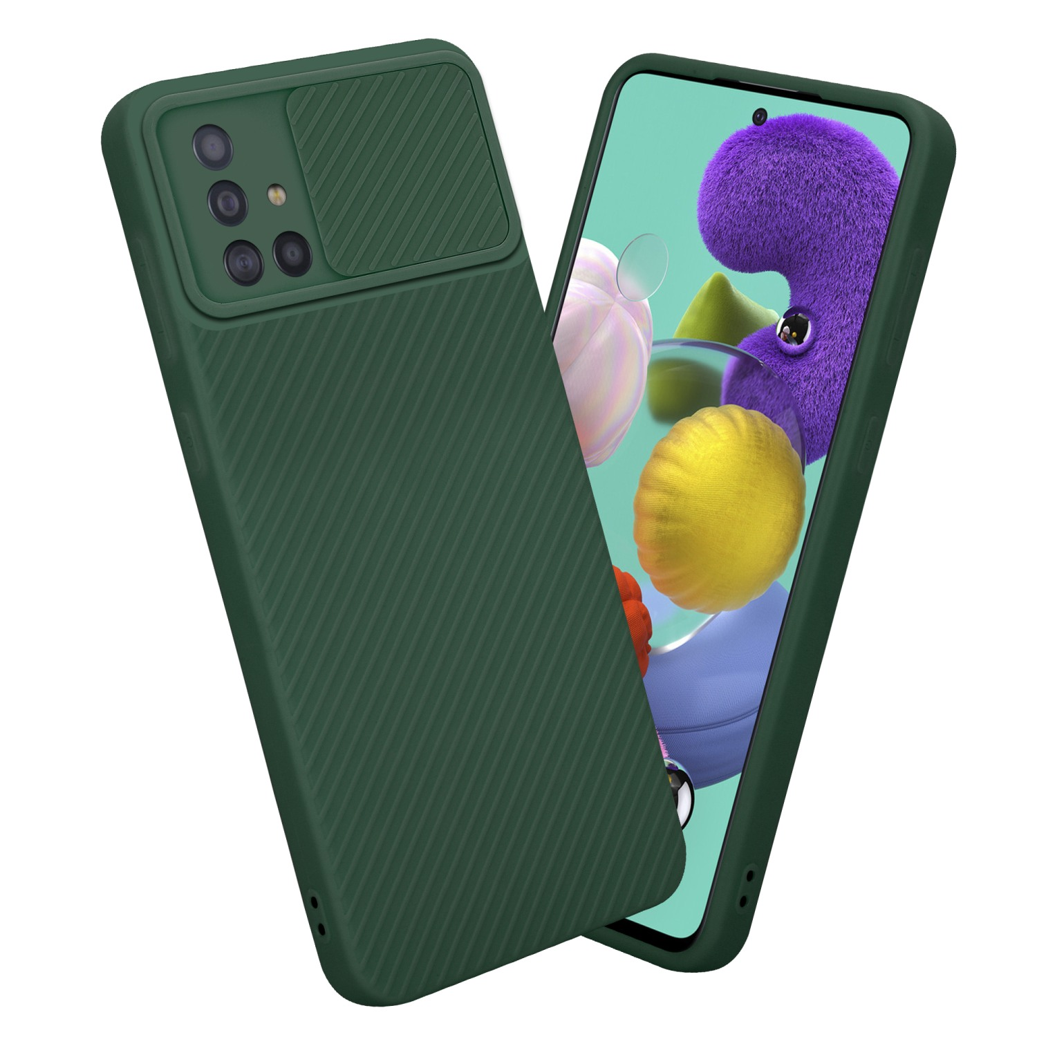 Grüne Handyhülle mit Kameraabdeckung. Ein Telefon mit buntem Bildschirm ist sichtbar.