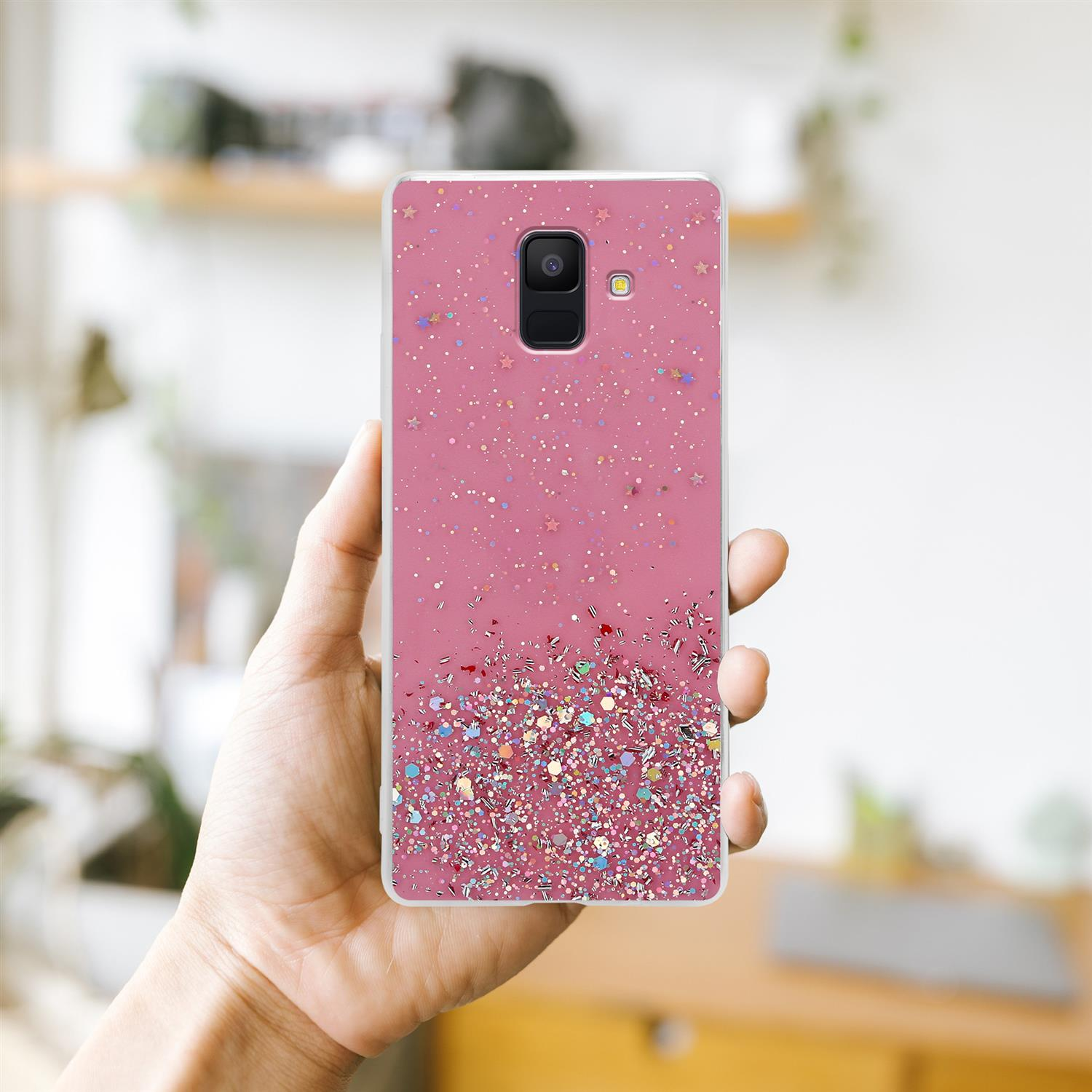 A6 Glitter Backcover, funkelnden mit CADORABO Galaxy Samsung, 2018, Rosa Schutzhülle mit Glitter,