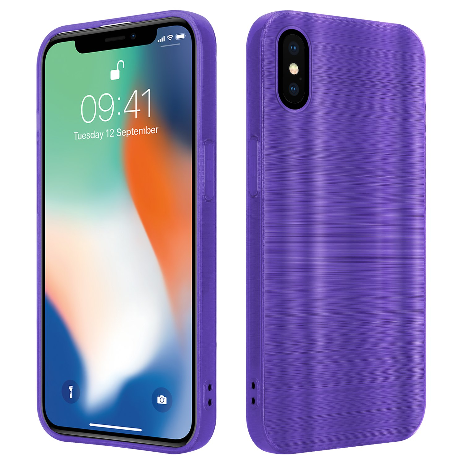 Custodia viola per telefono. Schermo mostra l'ora. Retro viola con obiettivo.
