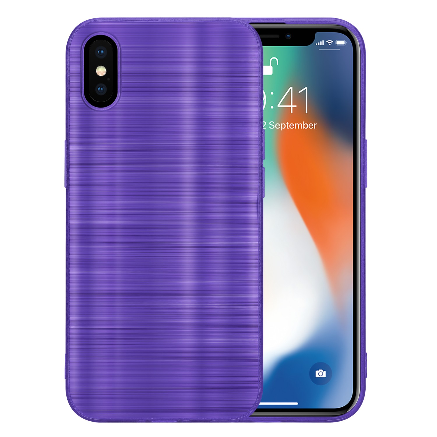 Una custodia viola per telefono su sfondo bianco. È visibile lo schermo del telefono.