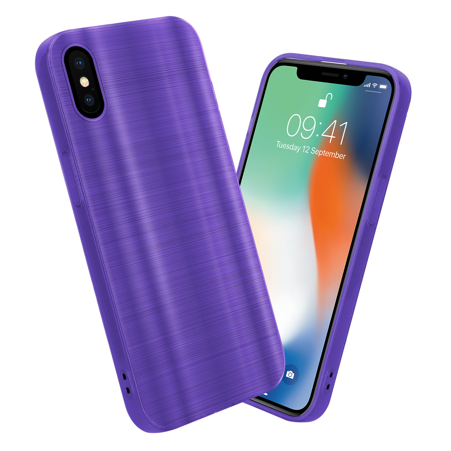 Una custodia viola con un telefono all'interno. La custodia ha una superficie strutturata e uno schermo aperto.