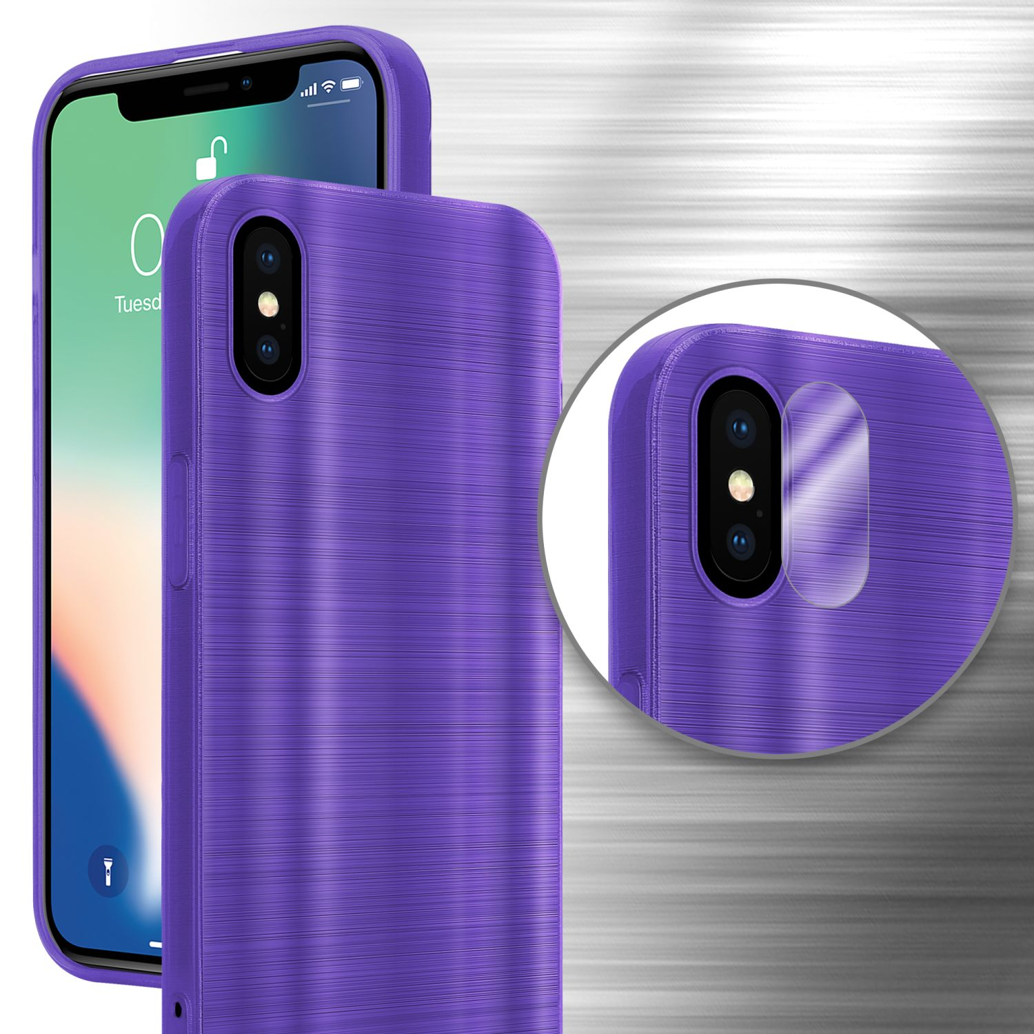 Custodia per telefono viola con un telefono all'interno. Il cerchio mostra i dettagli della fotocamera.