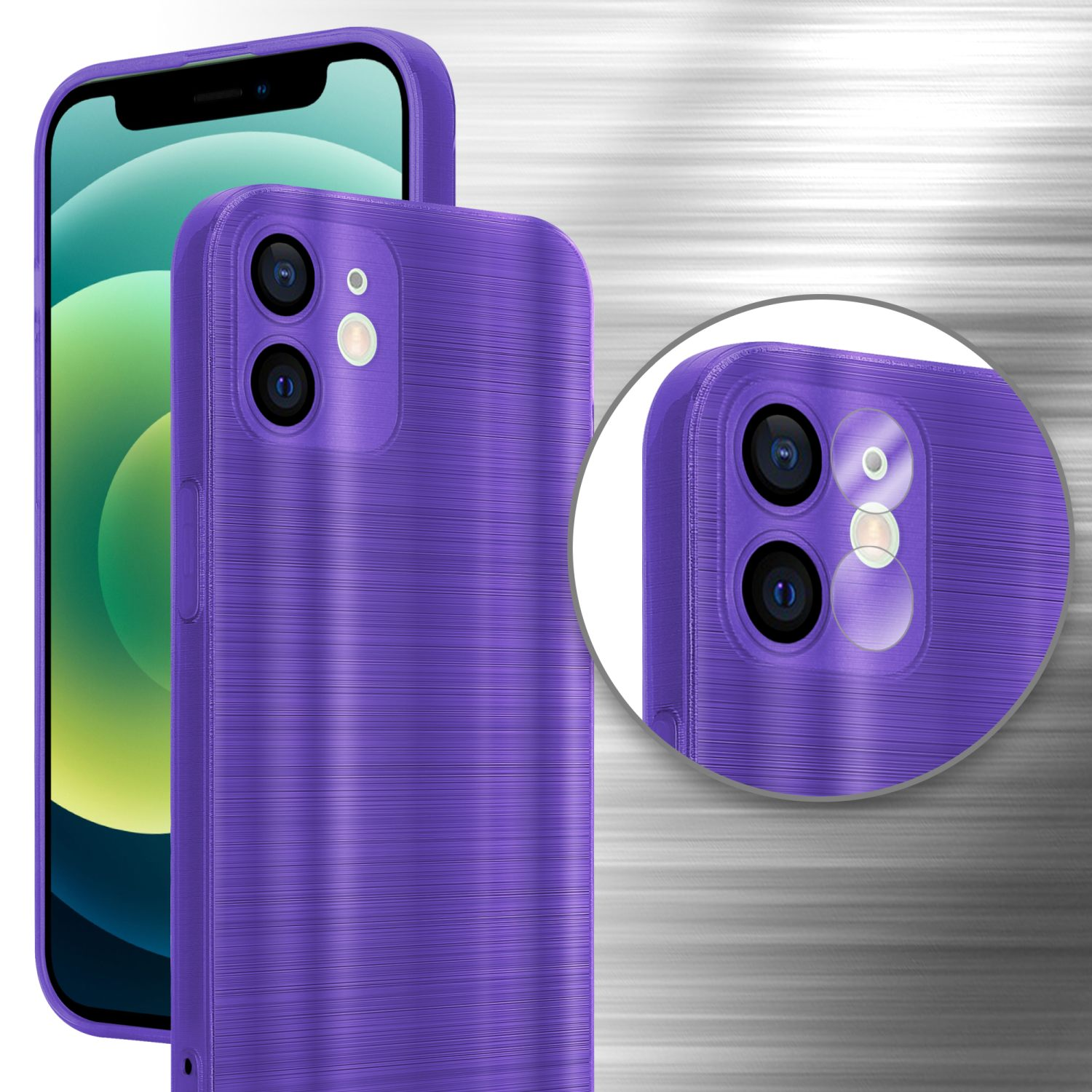 Lila Handyhülle mit Kameraausschnitten. Telefon sichtbar. Metallstruktur-Hintergrund.