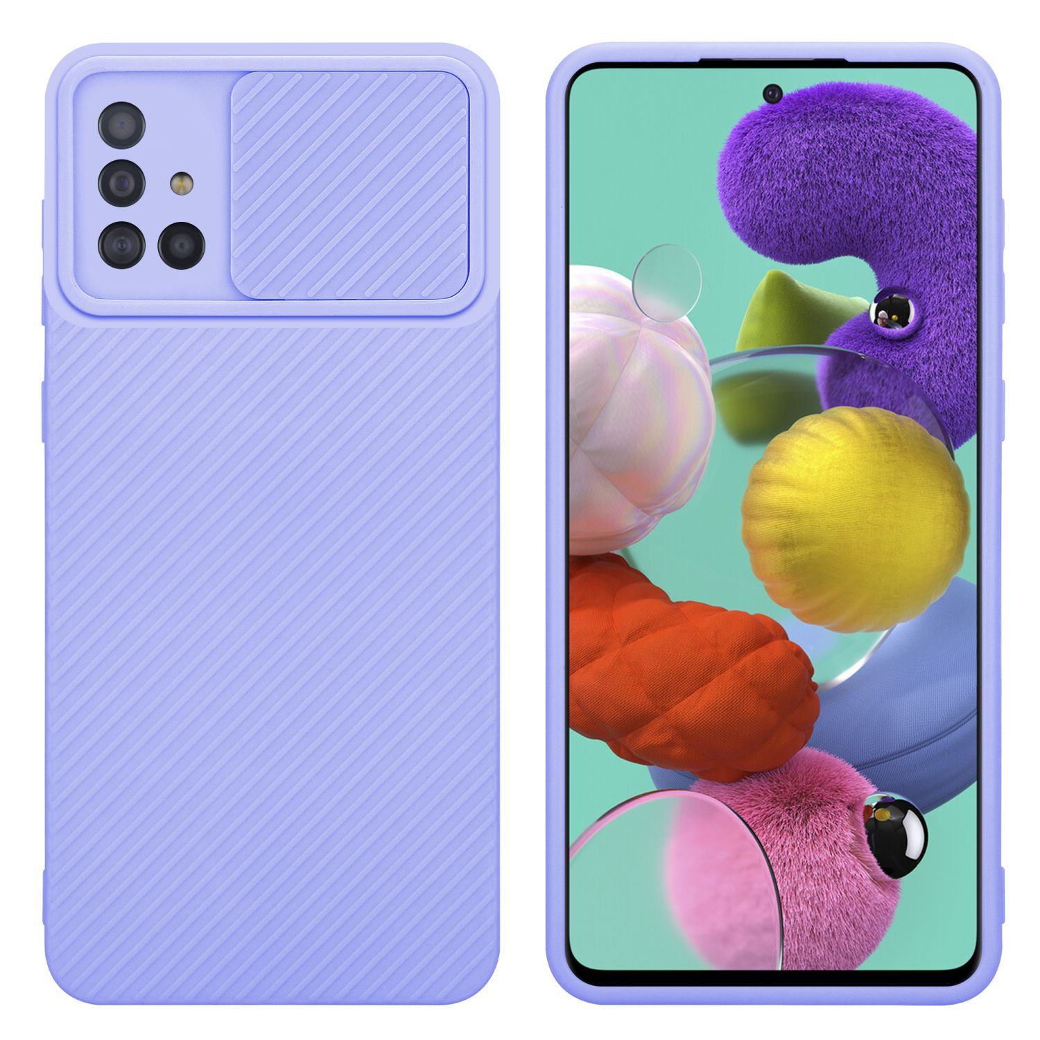 Lila Handyhülle mit Kameraabdeckung und ein Handy mit farbenfrohem Bildschirm. Weißer Hintergrund.