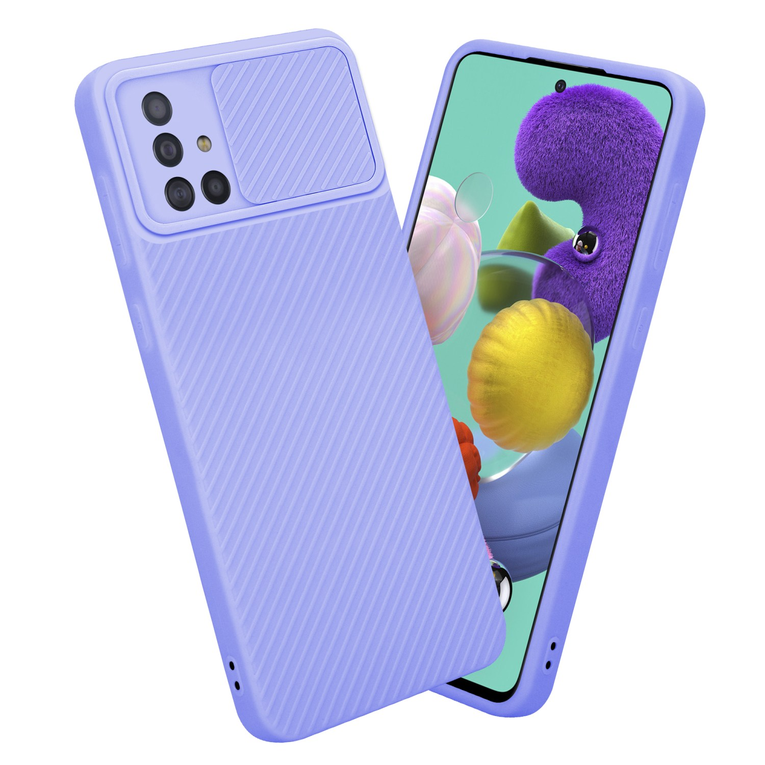 Zwei Handyhüllen, eine mit einem Telefon darin. Beide lila mit Kameraabdeckung.