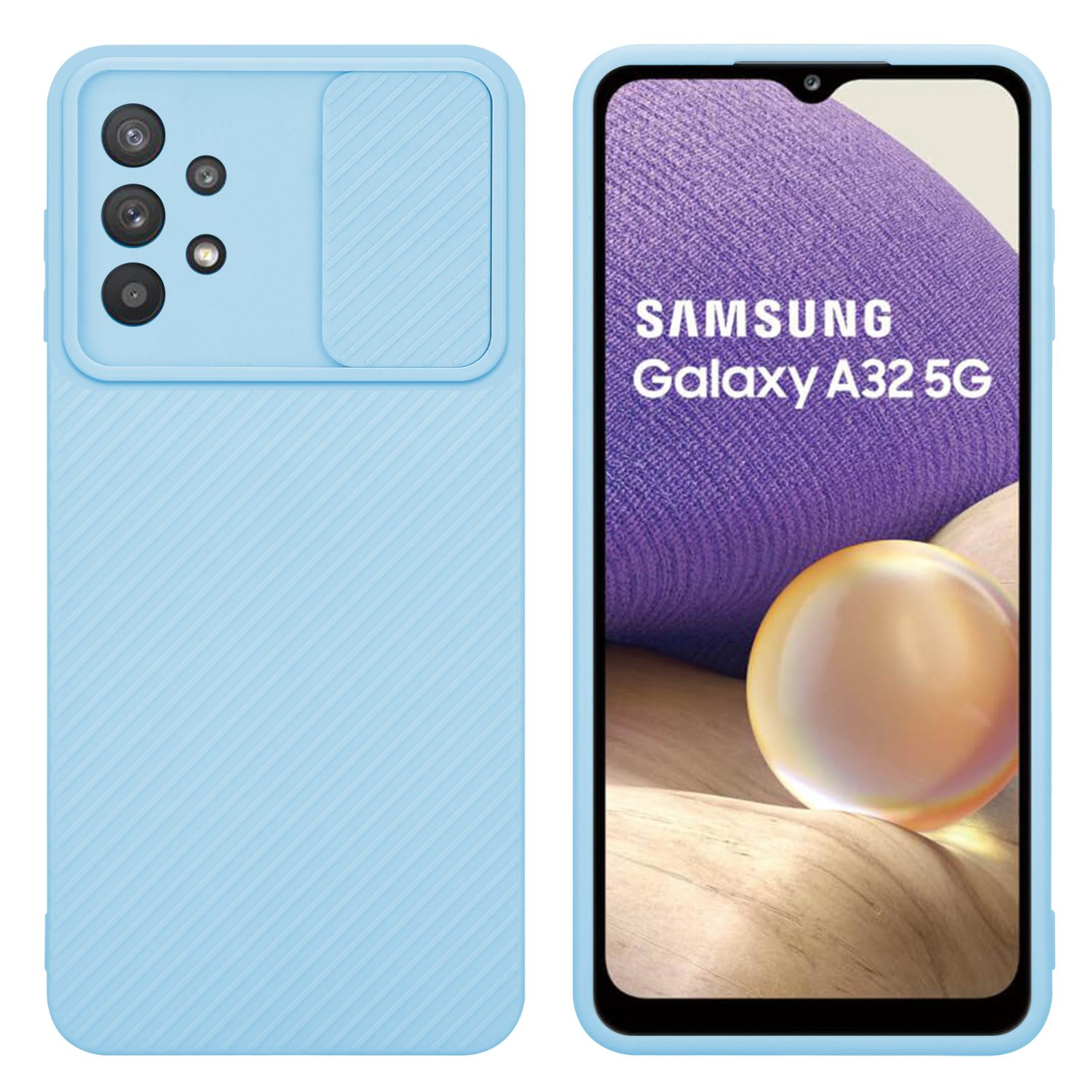 Hellblaue Handyhülle mit Kameraabdeckung und einem Handy. Das Handy zeigt das Samsung-Logo.