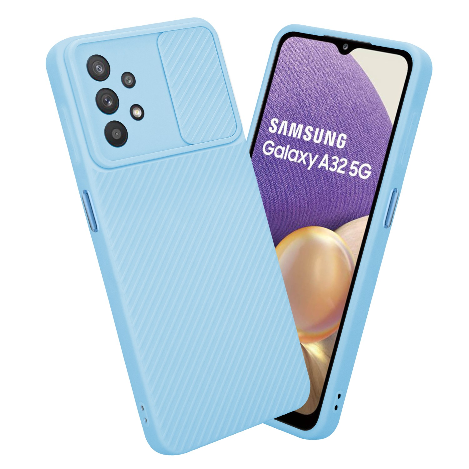 Hellblaue Handyhülle. Telefonbildschirm mit Telefondetails. Zwei Kameras und ein Blitzlicht auf der Hülle.
