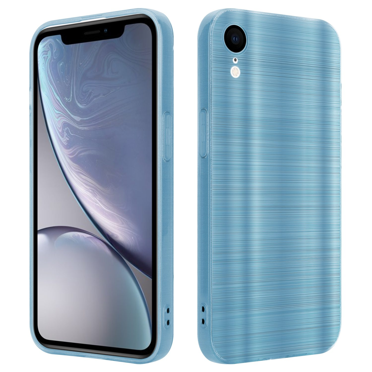 Hellblaue Handyhülle. Die Hülle hat eine linierte Textur. Telefon zeigt blaues Bild.