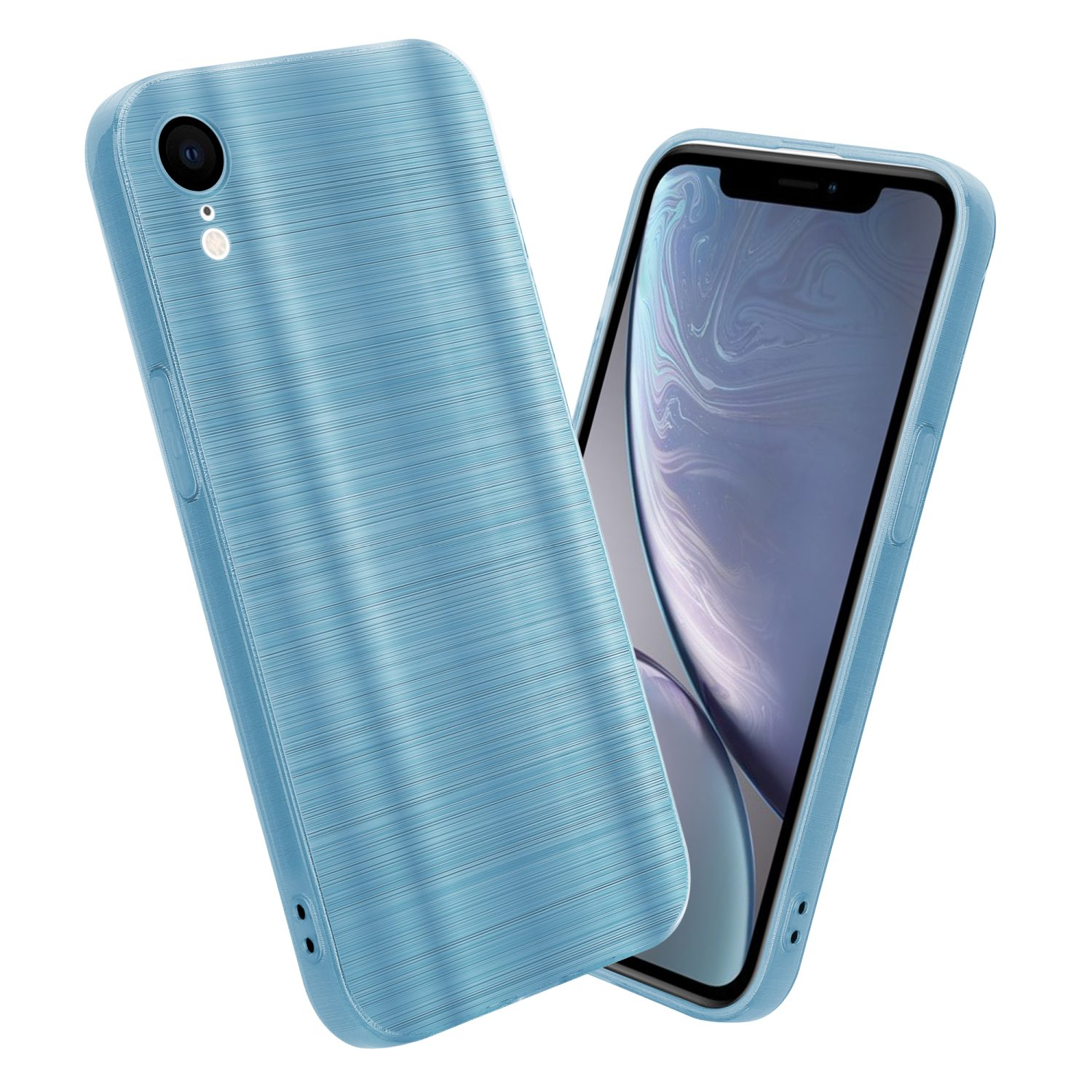 Zwei hellblaue Handyhüllen. Eine mit Telefon darin.