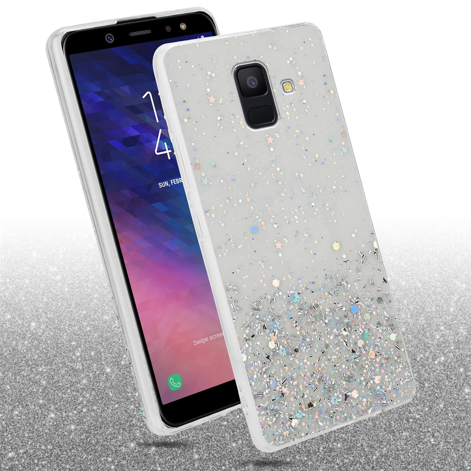 CADORABO Schutzhülle Glitter Samsung, Galaxy mit mit funkelnden Glitter, Transparent A6 2018, Backcover