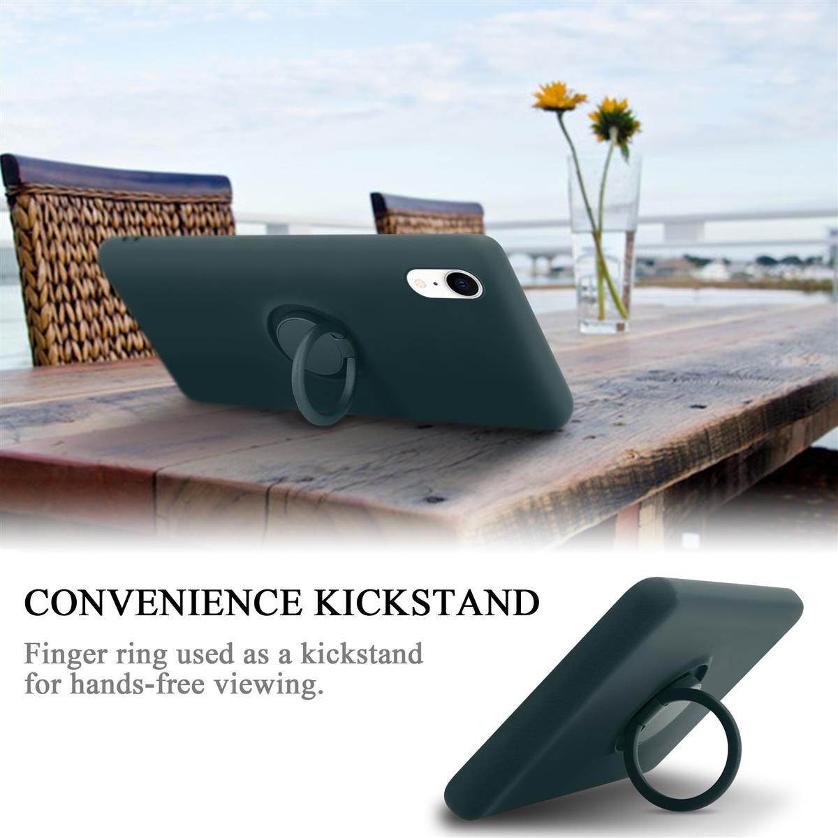 Grüne Handyhülle auf einem Holztisch. Ein Ringhalter ist angebracht. Text: CONVENIENCE KICKSTAND.