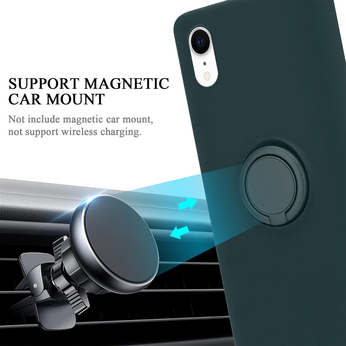 Handyhülle mit magnetischer Autohalterung. Pfeile zeigen magnetische Verbindung.