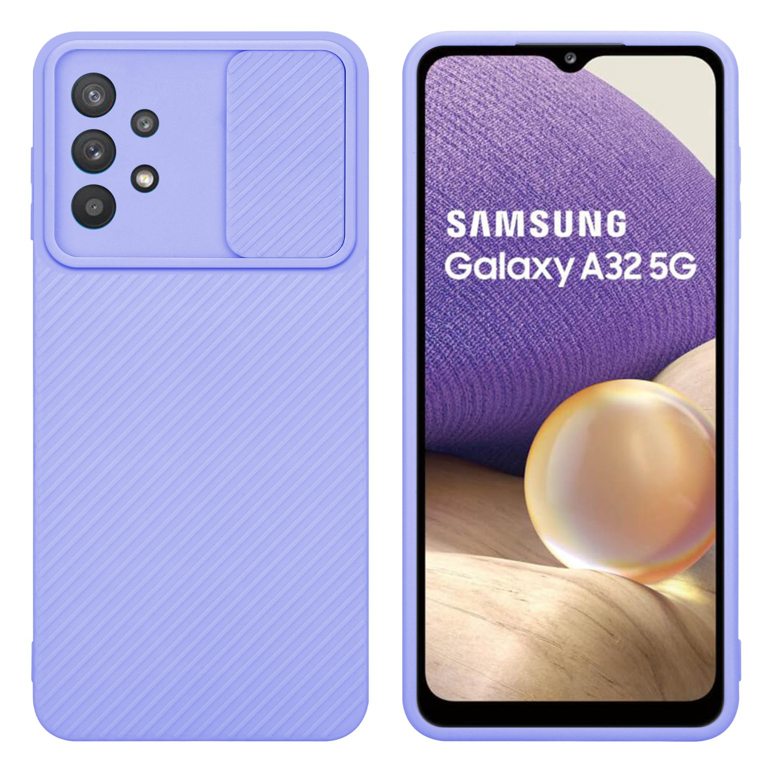 Lila Handyhülle mit Kameraschutz und gerippter Textur. Samsung Galaxy A32 5G auf dem Bildschirm.