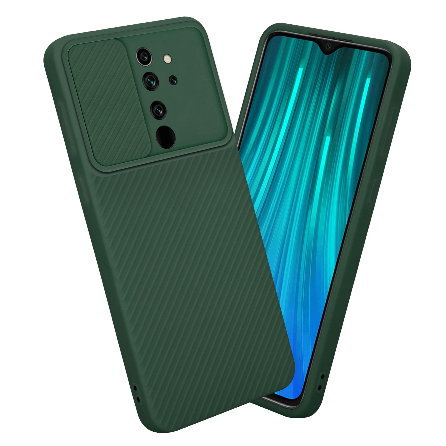 Custodia per telefono verde, copertura della fotocamera, vista angolata. Un telefono è nella custodia, schermo rivolto verso l'esterno.