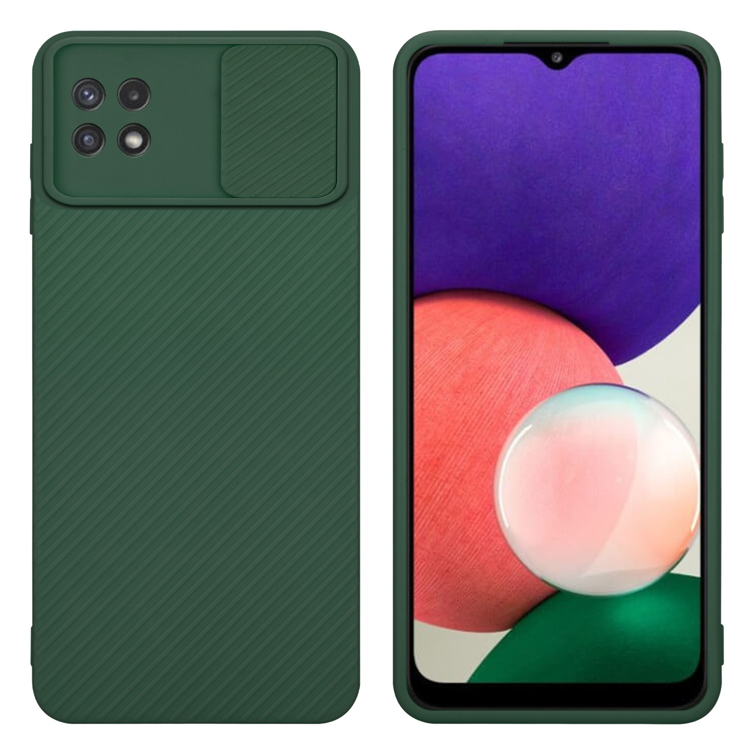 Grüne Handyhülle mit Kameraabdeckung. Telefon zeigt Farben: lila, rot, grün und weiß.