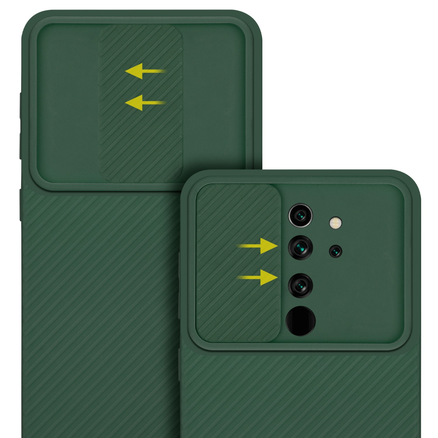 Due custodie per telefono verdi con sezioni fotocamera. Le frecce indicano le lenti della fotocamera e la copertura dell'obiettivo.