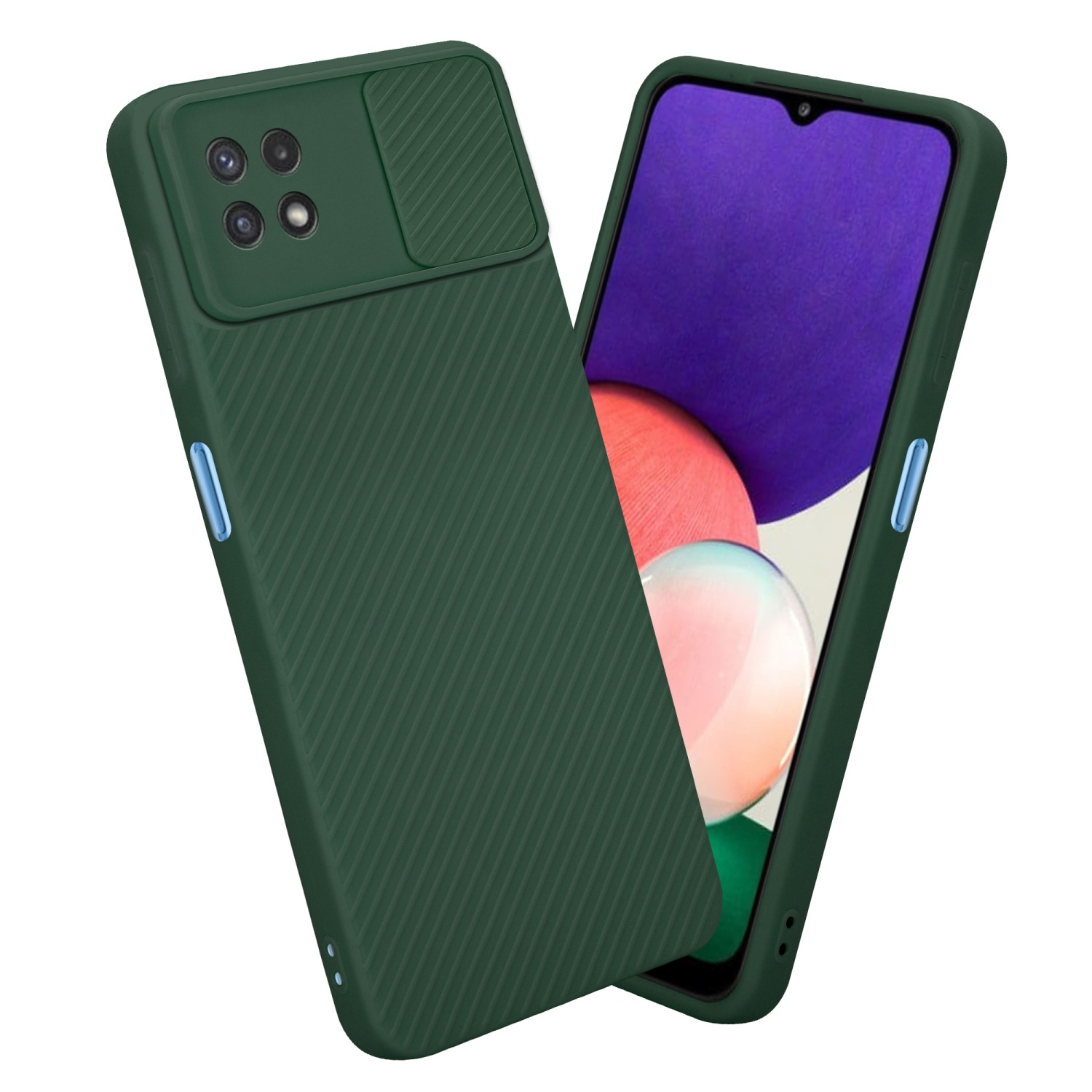 Dunkelgrüne Handyhülle mit Kameraabdeckung. Telefon im Inneren, Bildschirm und Knöpfe sichtbar.