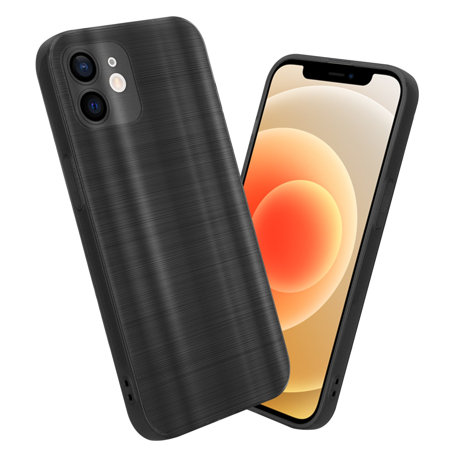 Due custodie nere per telefoni, una mostra lo schermo con sfondo arancione.