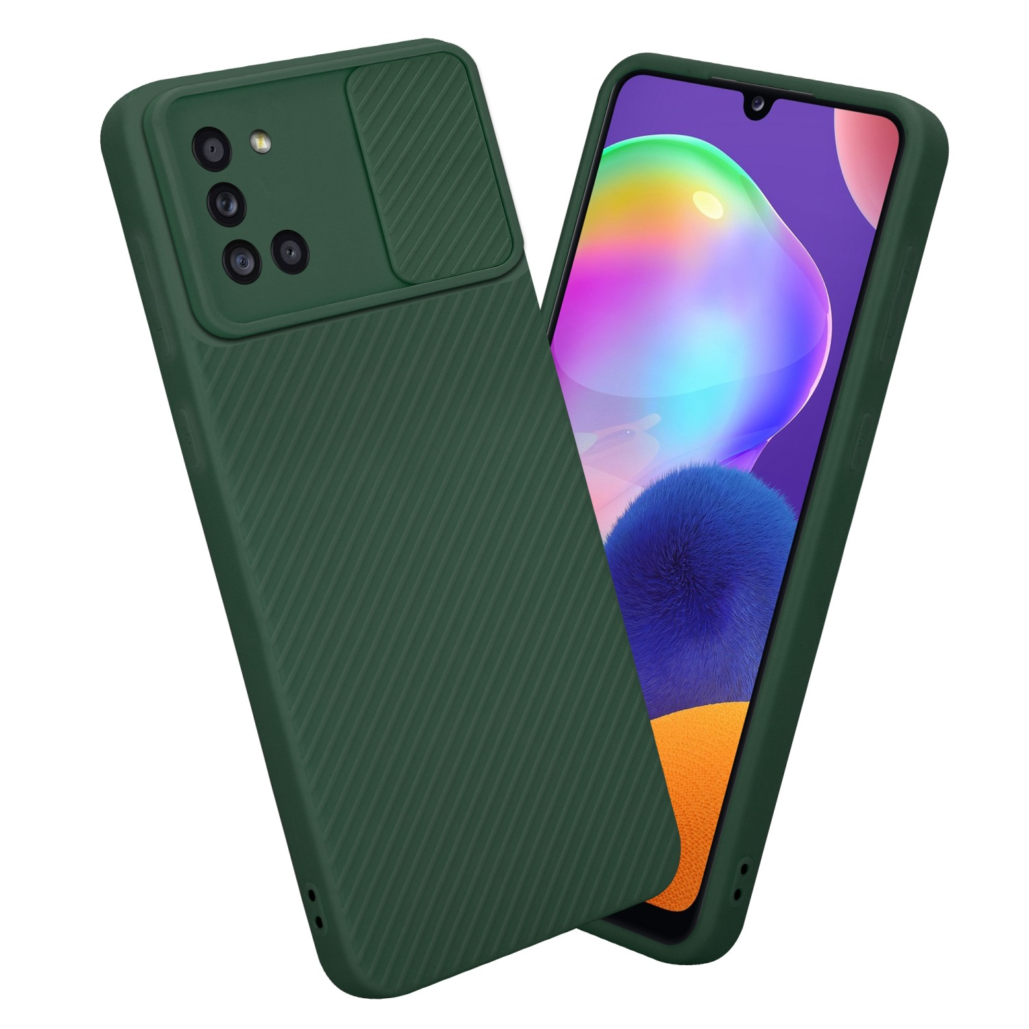 Grüne Handyhülle mit Kameraabdeckung. Die Hülle ist auf einem Telefon. Buntes Display.
