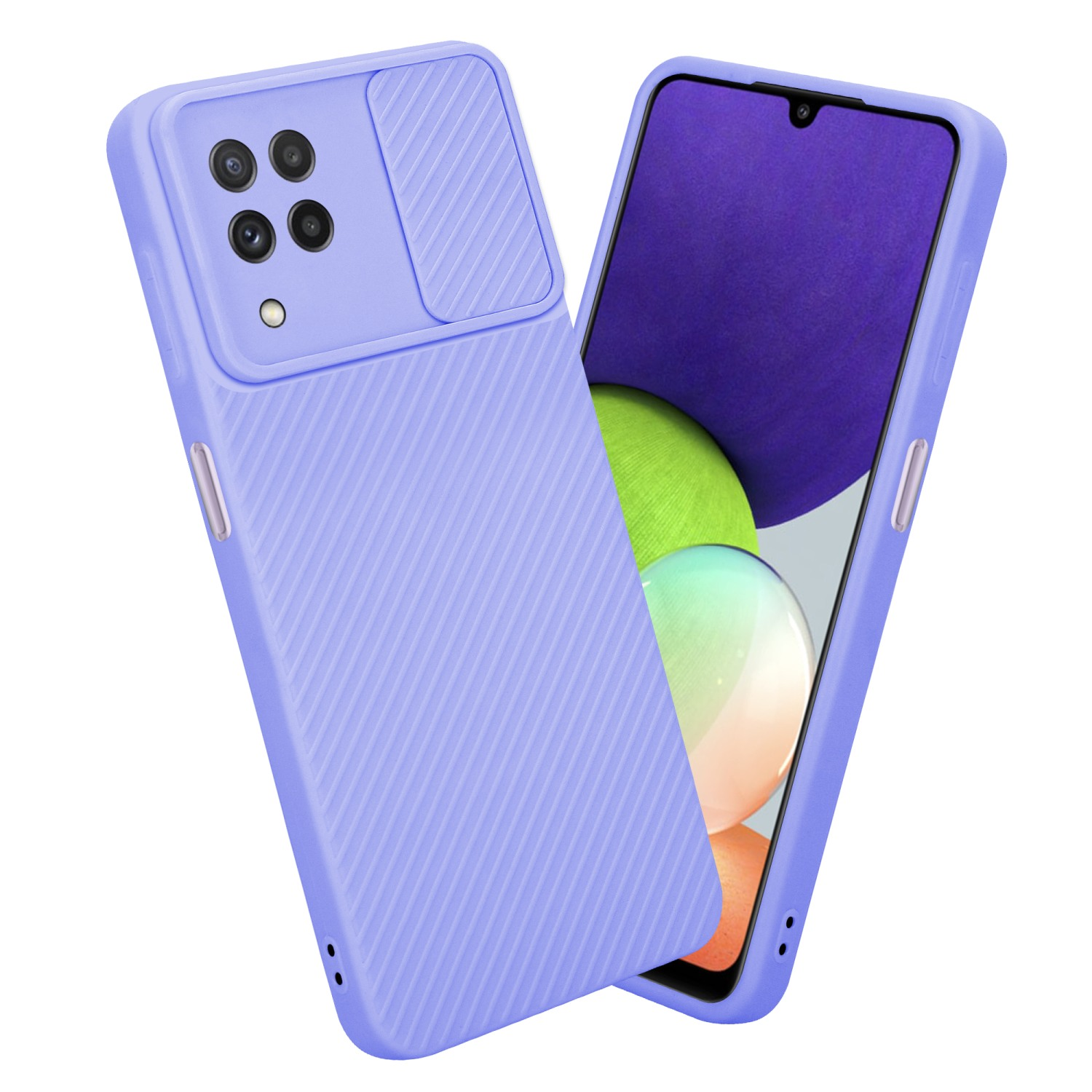 Zwei lila Handyhüllen mit Kameraabdeckung. Eine Hülle enthält ein Telefon mit lila Bildschirm. Beide sind auf Weiß.
