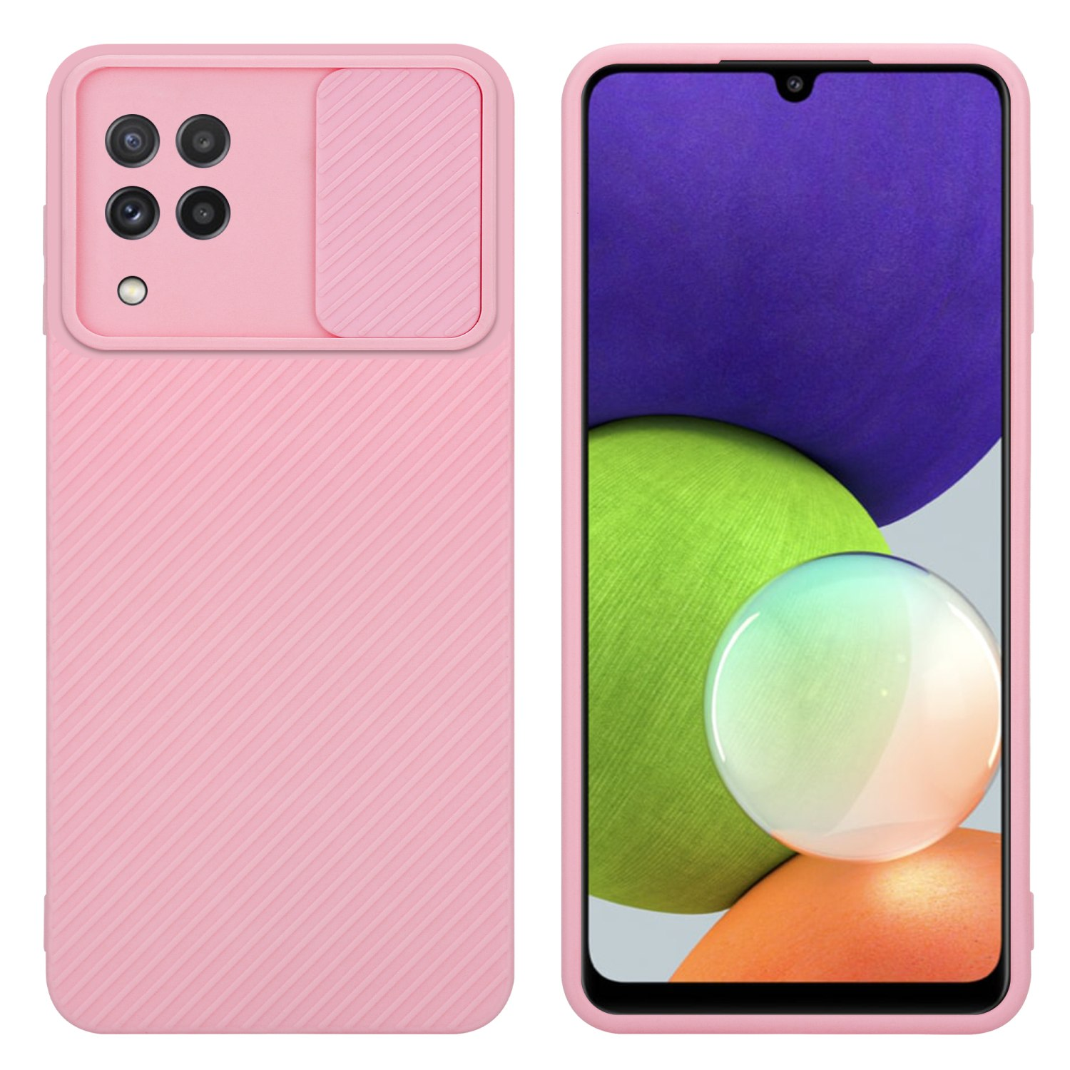Rosa Handyhülle mit Kameraabdeckung. Das Telefon zeigt ein lila und weißes abstraktes Bild.