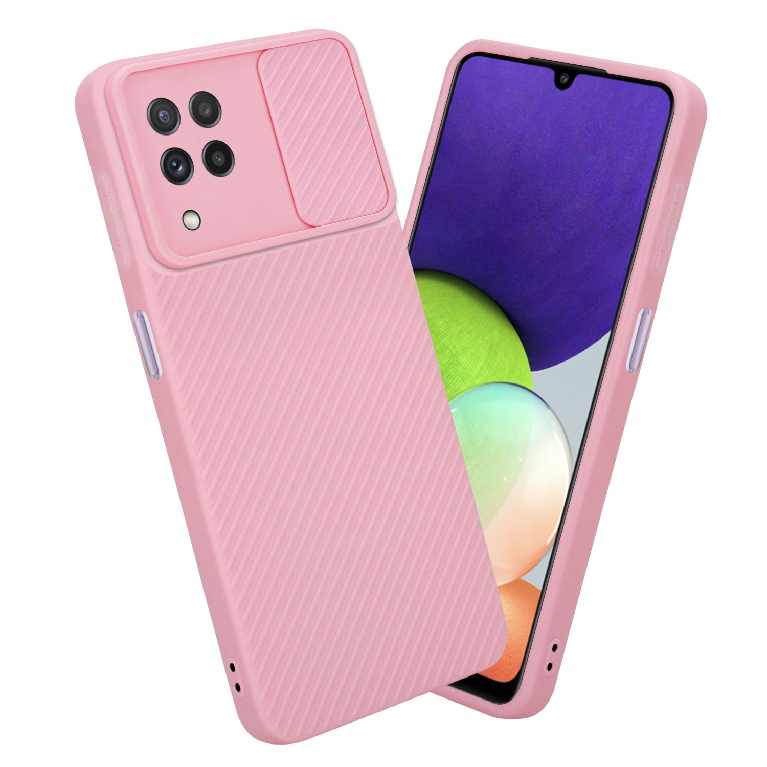 Rosa Handyhülle mit Kameraabdeckung, Telefon und Bildschirm zeigend.