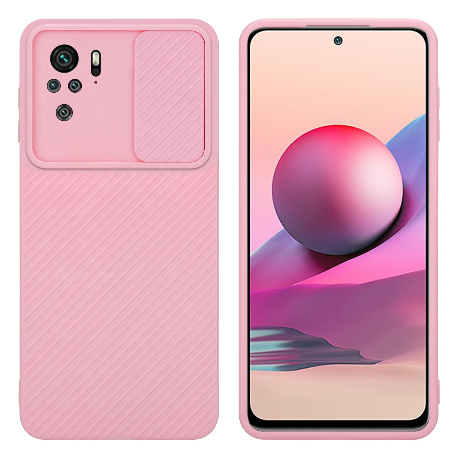 Zwei rosa Handyhüllen, eine mit dem Telefon darin. Weißer Hintergrund.