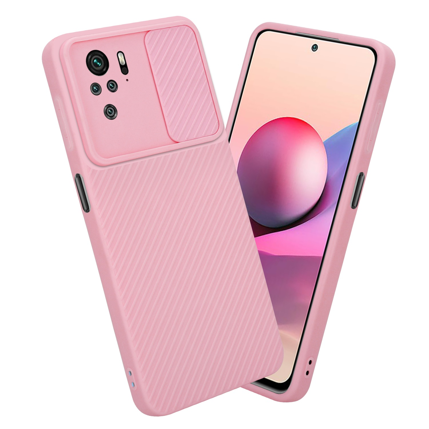Rosa Handyhülle mit Kameraabdeckung und Bildschirm. Der Telefonbildschirm ist sichtbar.
