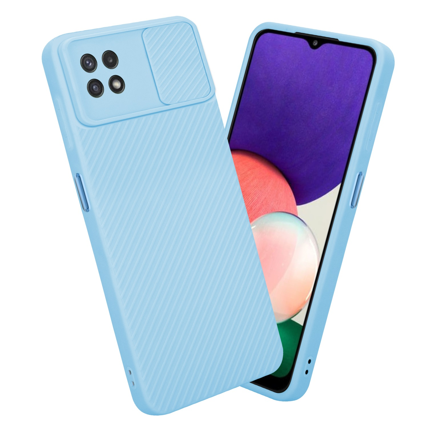Hellblaue Handyhülle mit einem anderen Telefon. Die Handyhülle hat eine Kameraabdeckung. Das Telefon ist sichtbar.