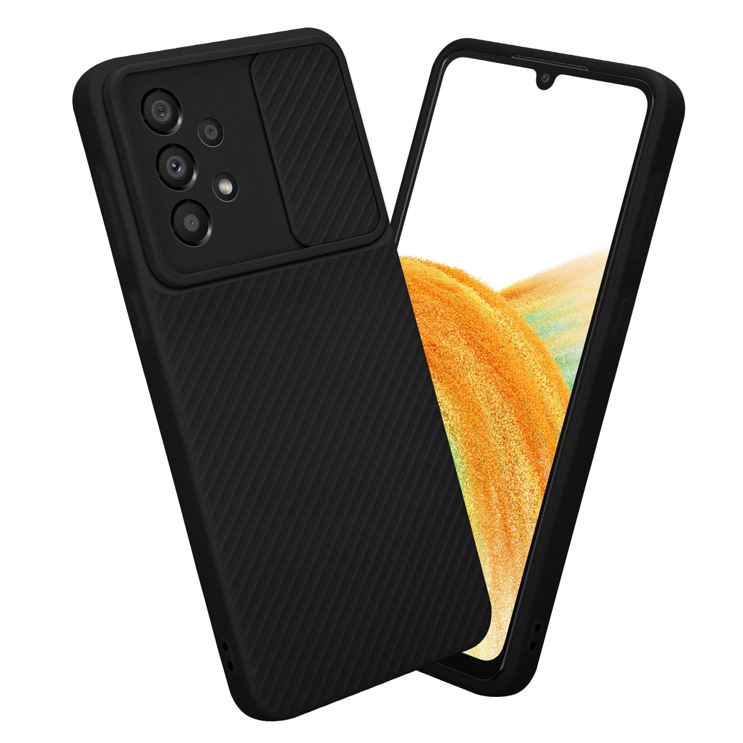 Una custodia per telefono nera con una copertura per la fotocamera è mostrata aperta, rivelando un telefono. La custodia ha un design strutturato.
