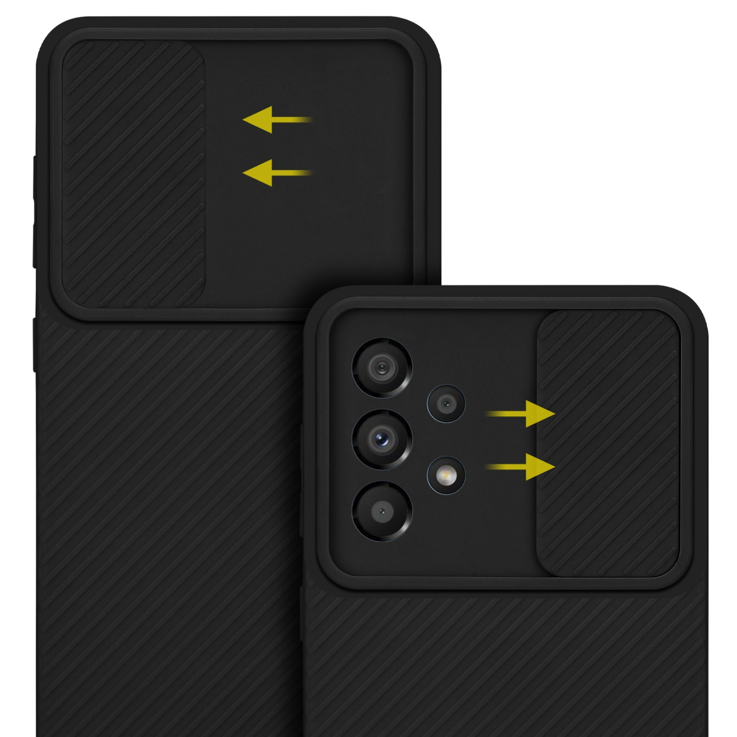Custodie per telefono nere con coperture per fotocamera. Le frecce indicano il movimento.