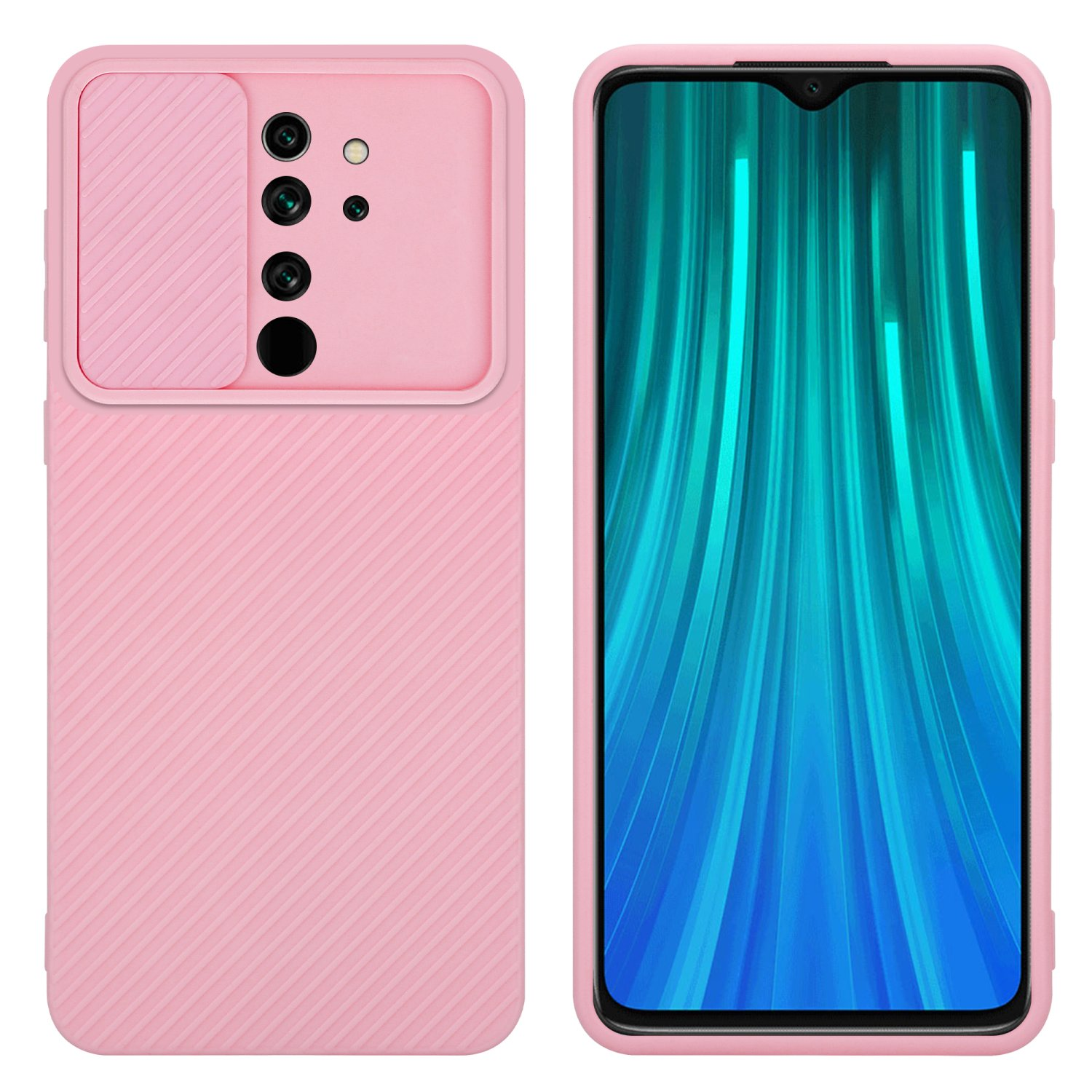 Custodie rosa per telefoni con protezione fotocamera. Ogni custodia ha un retro strutturato e una copertura scorrevole.