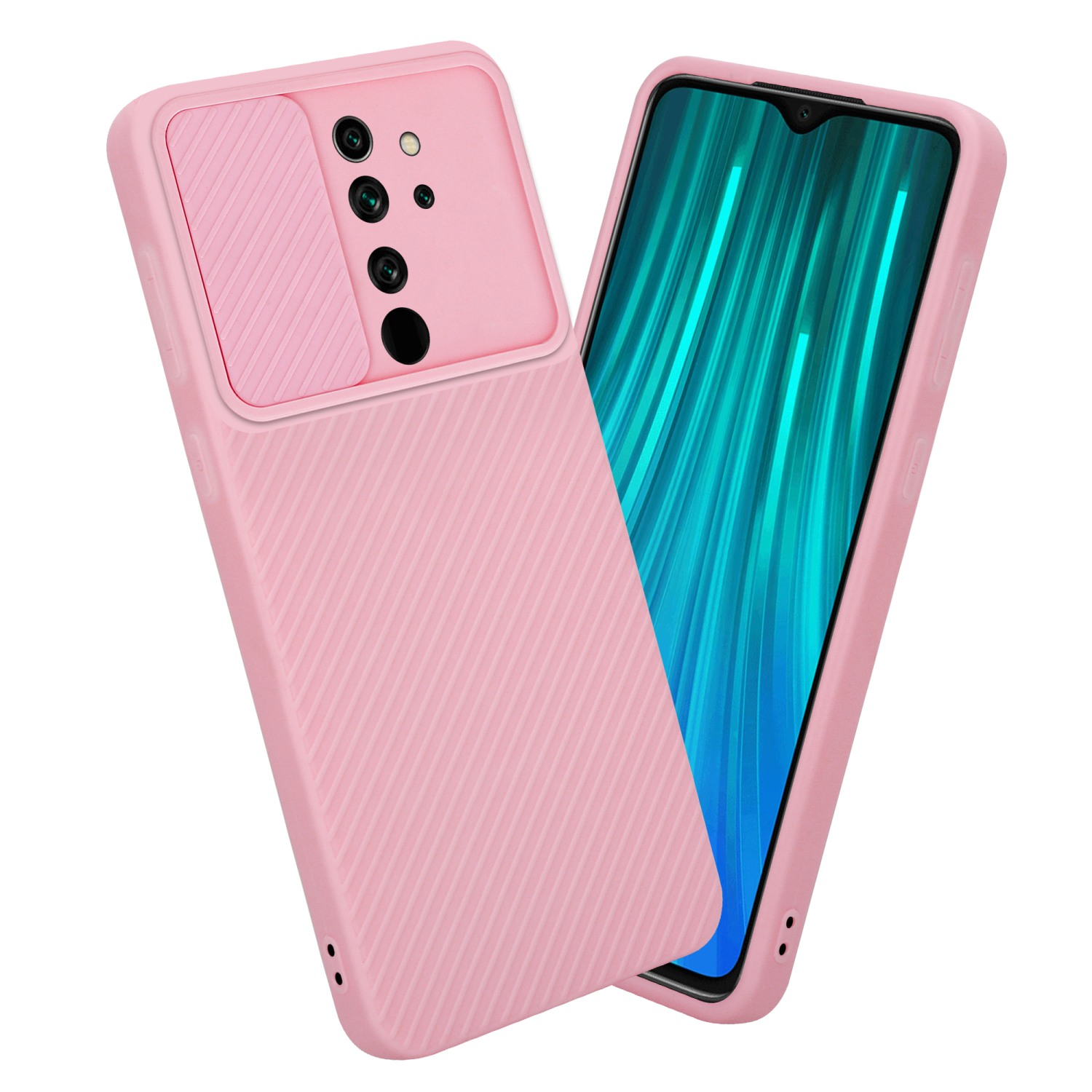 Custodia per telefono rosa con copertura fotocamera e schermo del telefono visibile.