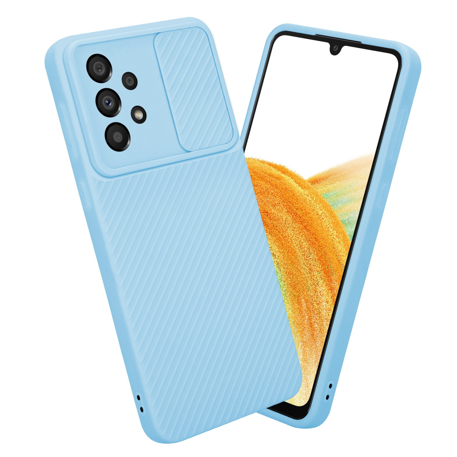 Una custodia per telefono azzurra con una copertura scorrevole per la fotocamera, con lo schermo del telefono visualizzato.