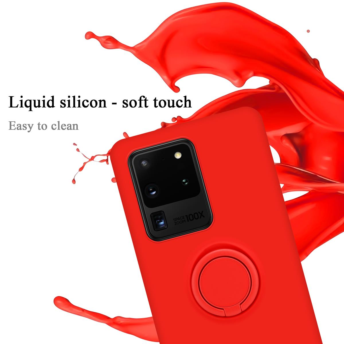 Rote Handyhülle mit Ringhalter. Text Flüssiges Silikon - Soft Touch ist sichtbar.