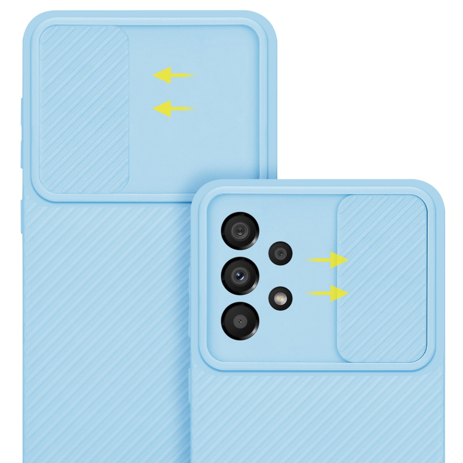 Due custodie per telefono azzurro. Una con ritaglio per fotocamera e cursore. Le frecce indicano le funzioni.