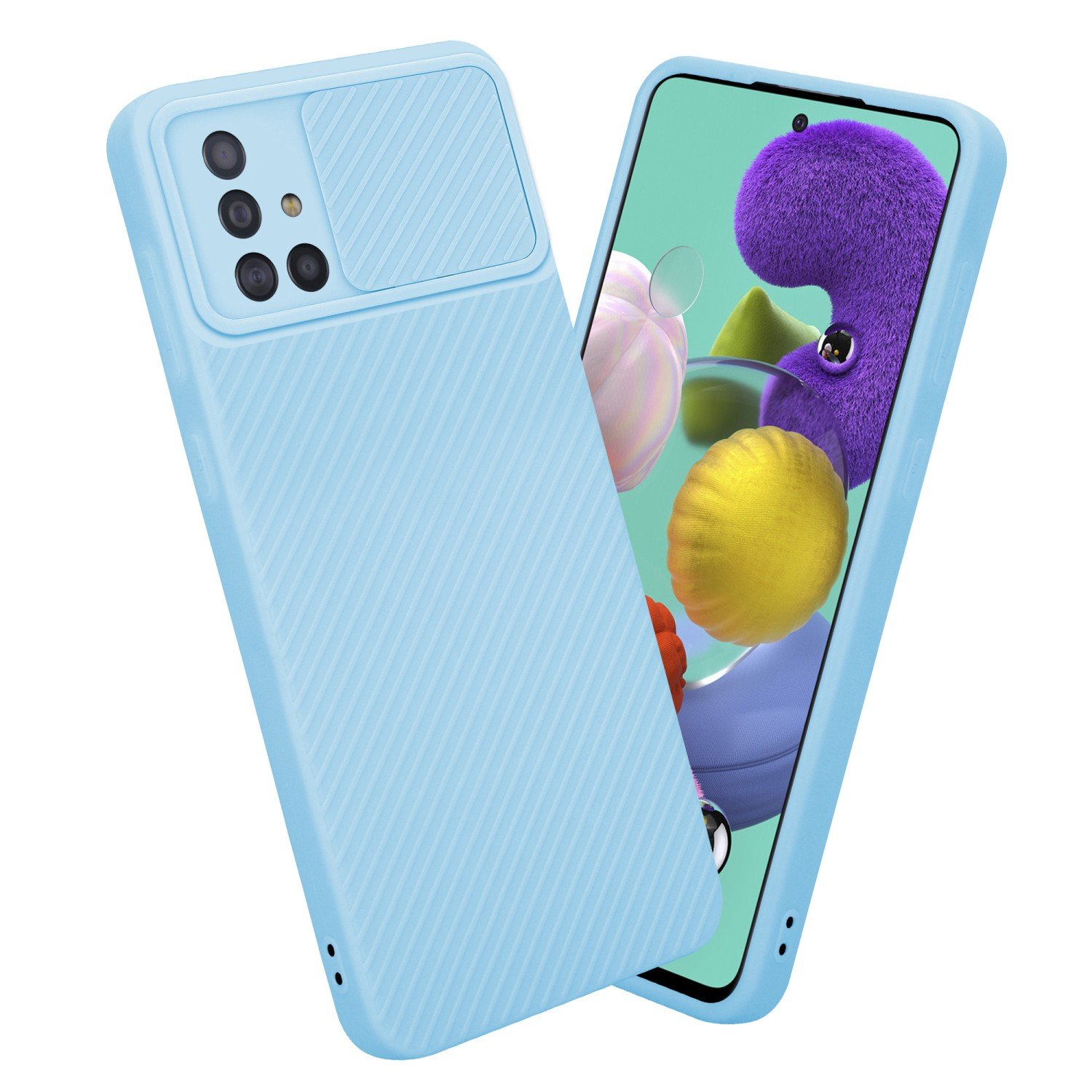 Hellblaue Handyhülle. Eine ist auf einem Telefon mit farbenfrohem Bildschirm.