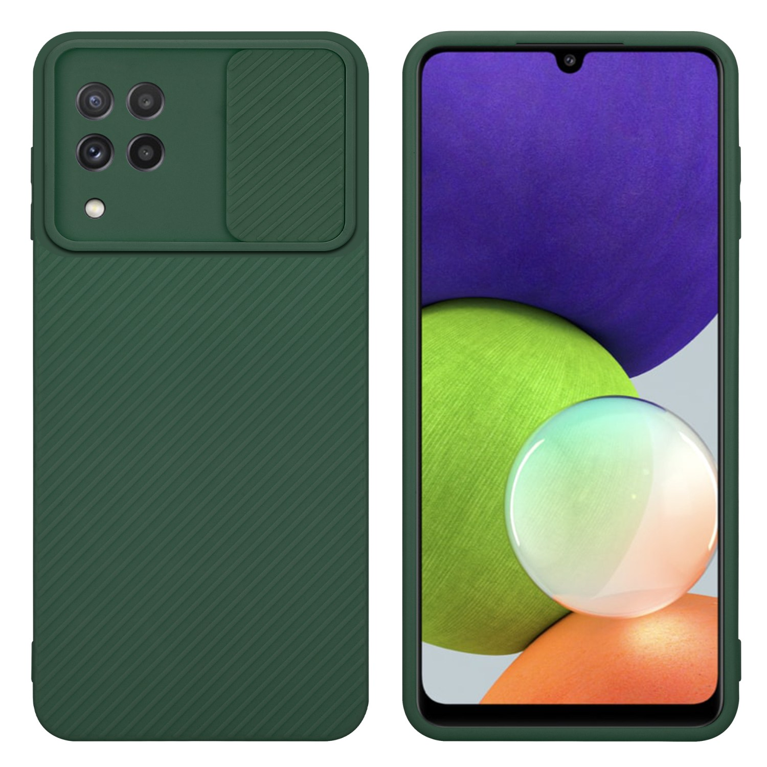 Grüne Handyhülle mit Kameraabdeckung. Das Telefon zeigt ein lila-orangefarbenes abstraktes Bild.