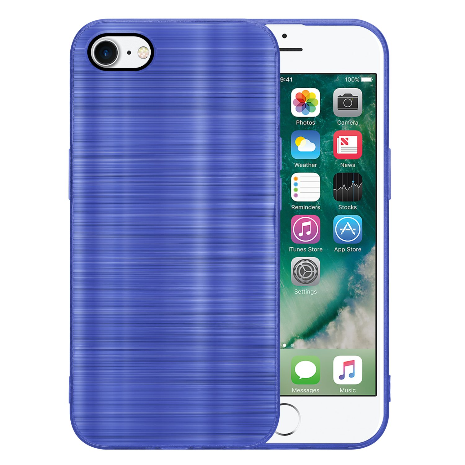 Eine blaue Handyhülle auf einem weißen Telefon, auf dessen Bildschirm App-Symbole zu sehen sind.