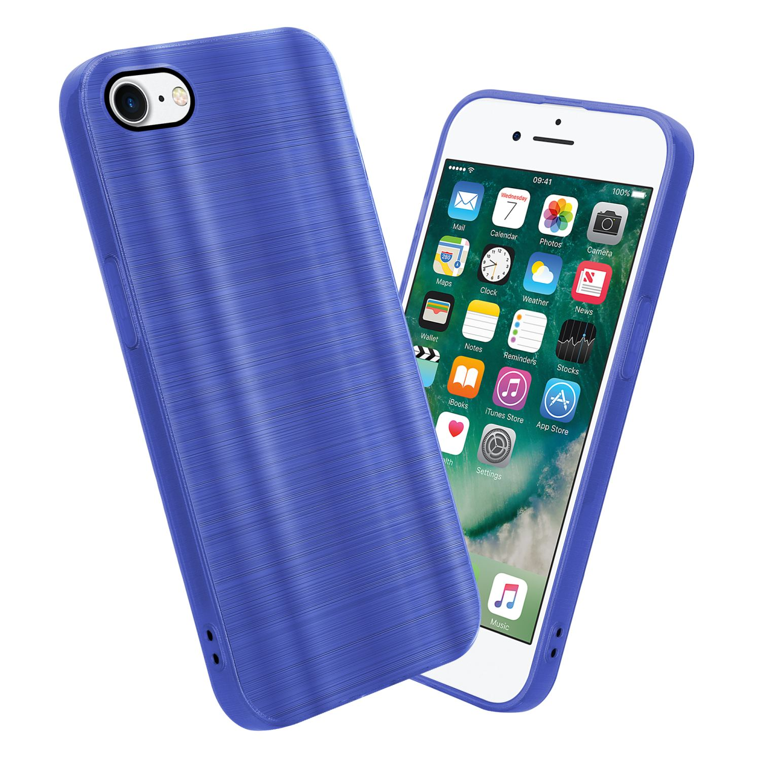 Blaue Handyhülle und Handy. Das Handy zeigt App-Symbole, Uhrzeit und Datum. Die Hülle ist strukturiert.