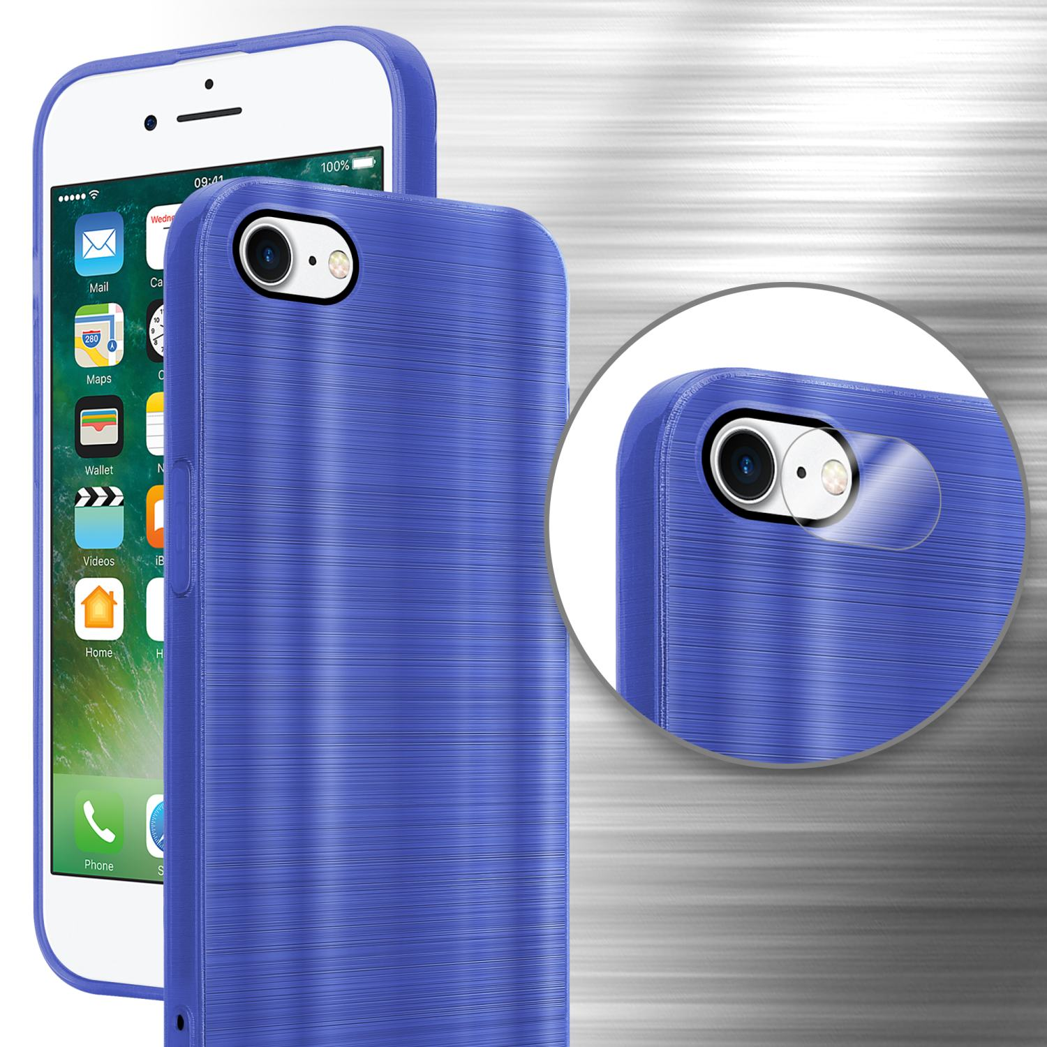 Eine blaue Handyhülle mit einem Telefon darin. Die Rückseite hat einen gebürsteten Metalleffekt. Nahaufnahme.