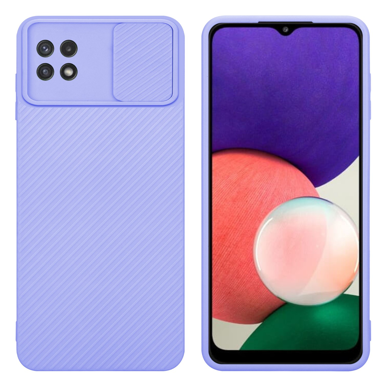 Lila Handyhülle mit Telefon darin. Hülle hat Kameraabdeckung. Telefonbildschirm sichtbar.