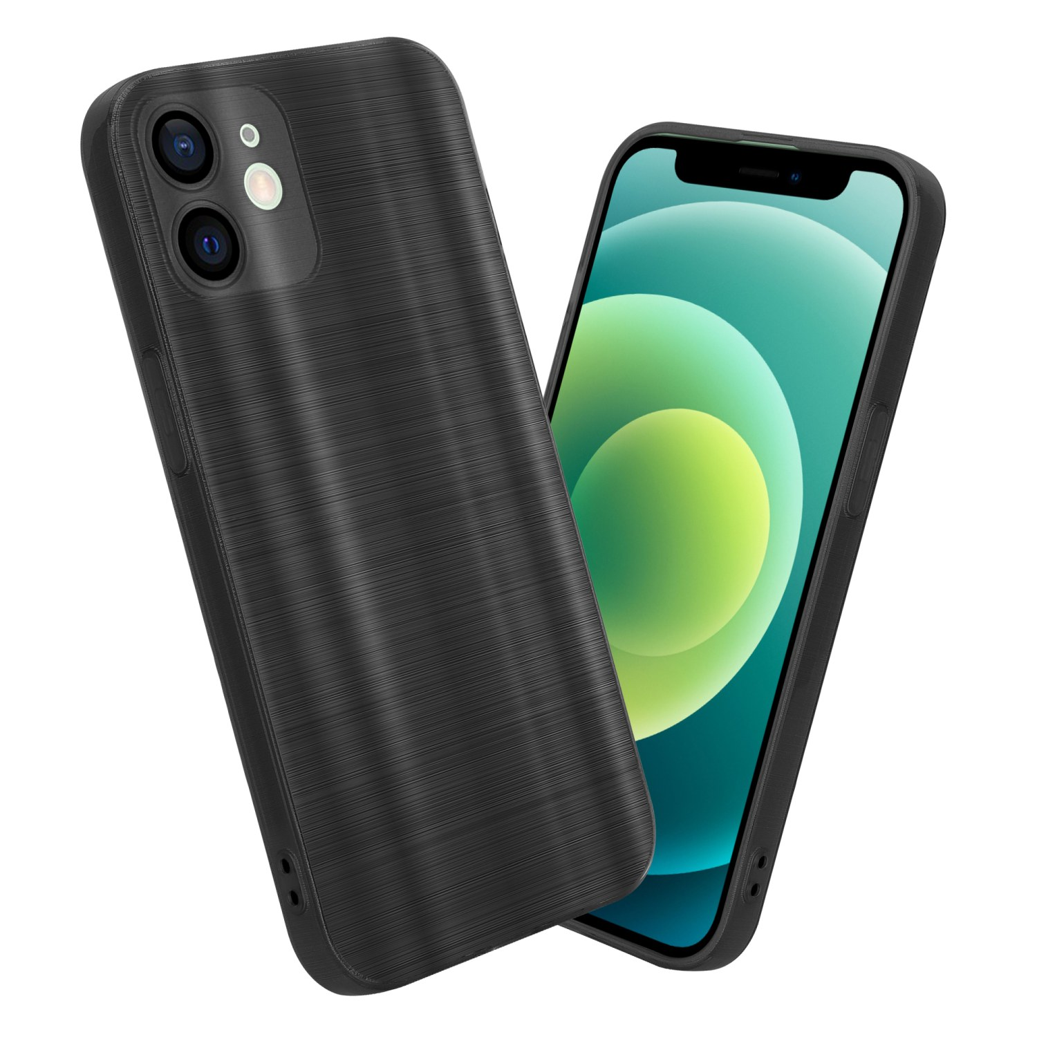 Zwei schwarze Handyhüllen, eine an der Seite, eine mit einem Telefon darin. Die Hülle hat ein strukturiertes Muster.